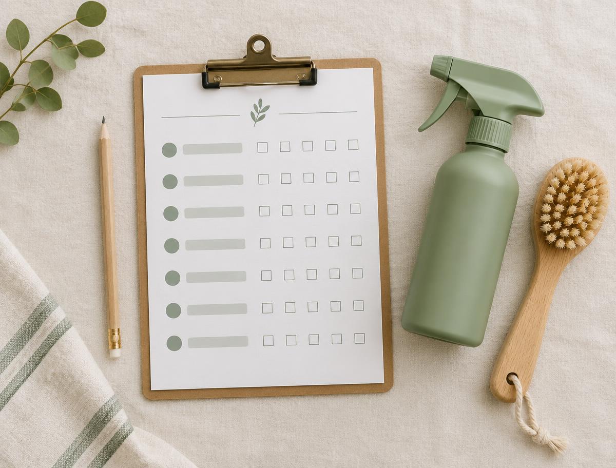 Printed cleaning checklist on a clipboard beside cleaning tools
