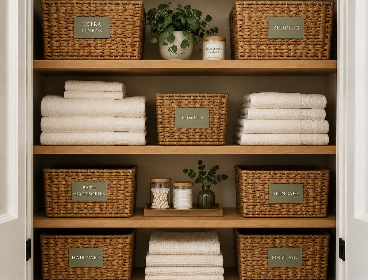 Linen closet with labeled woven baskets and neatly folded towels