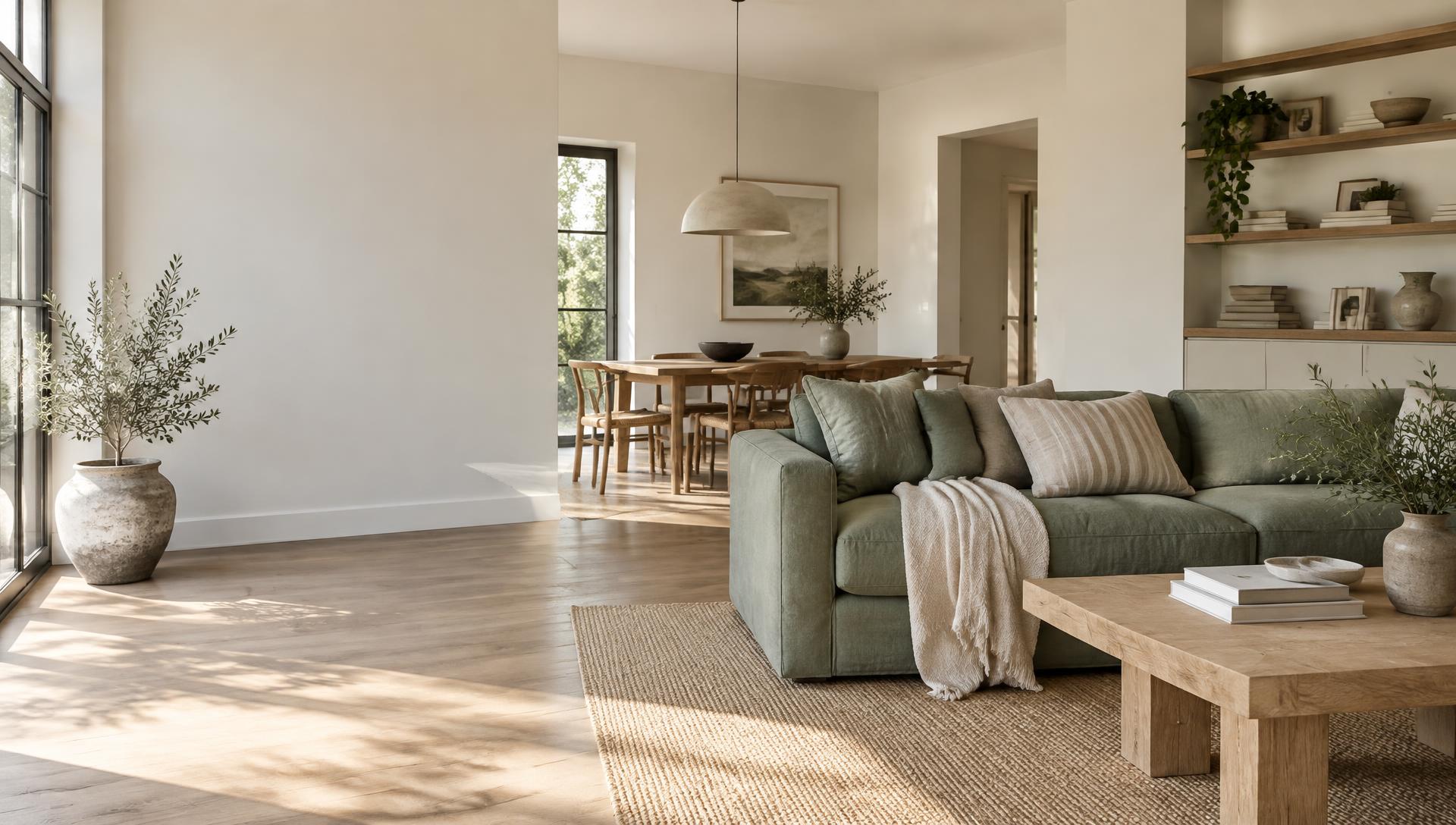 Bright, tidy living room with a sage sofa and styled oak shelves