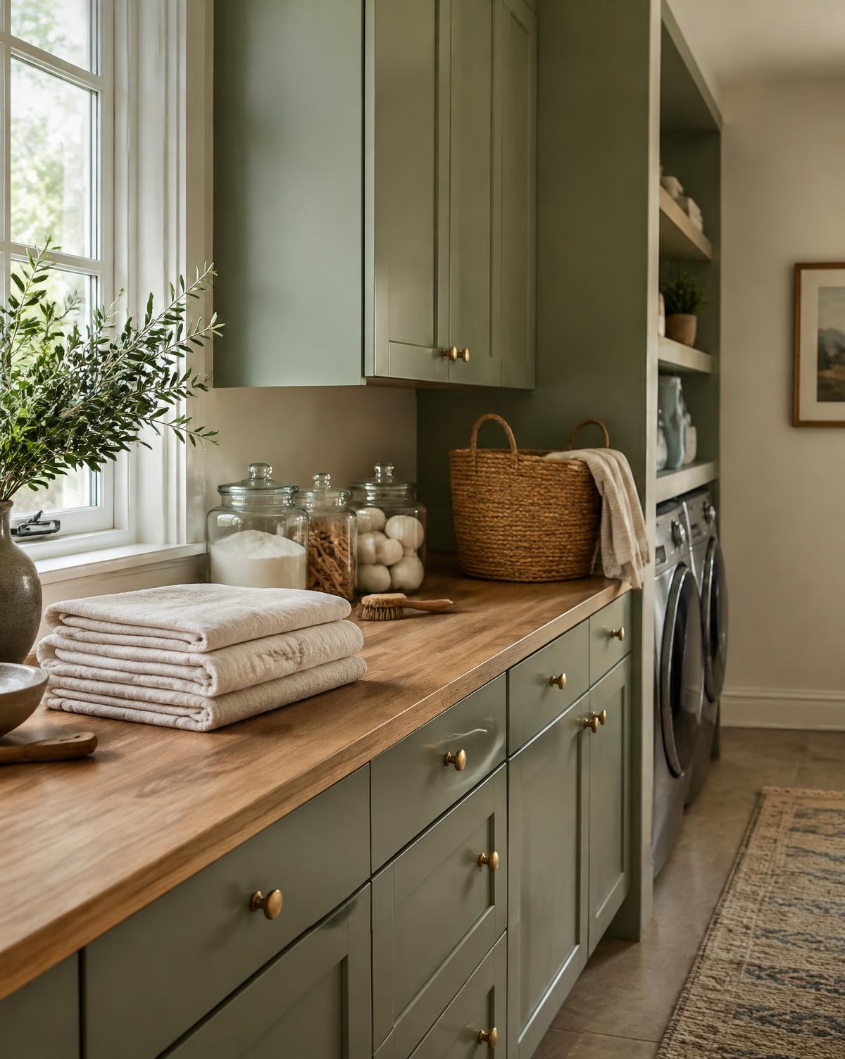 Sage laundry room with folded linens and glass jars on an oak counter